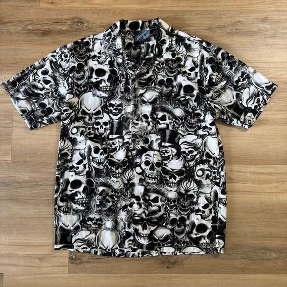 Y2K Sapphire Lounge AOP Skull Button Up Collar Black And White Shirt Size Medium - Picture 1 of 8